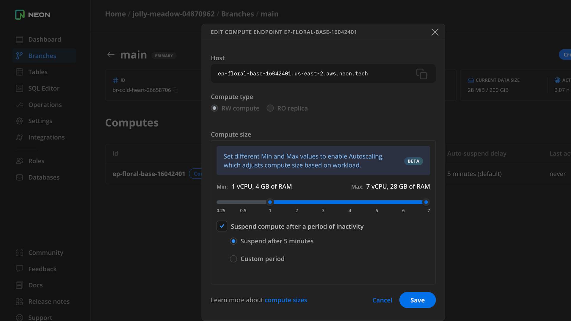 Edit compute endpoint dialog showing an Autoscaling configuration