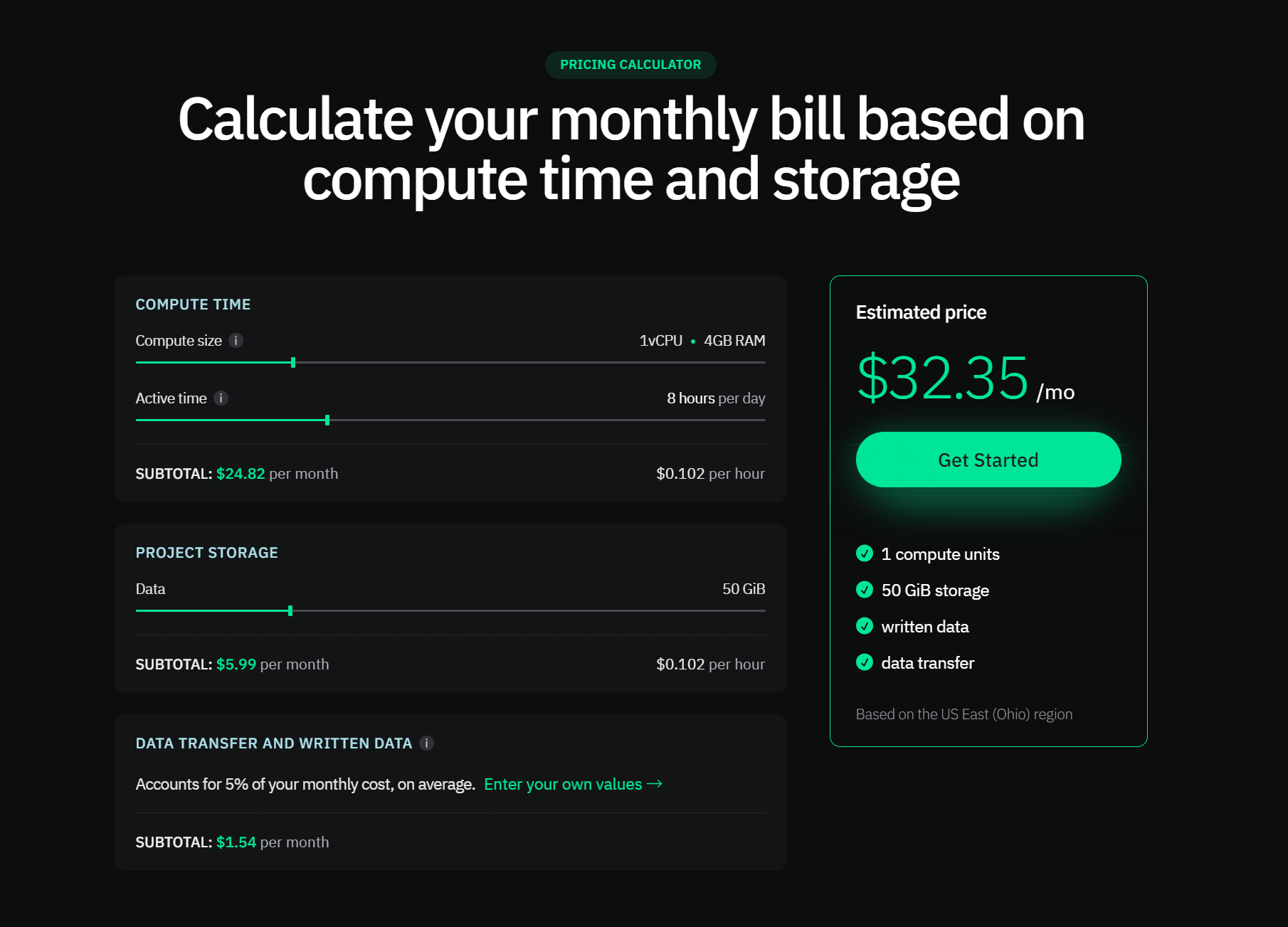 Pricing page calculator